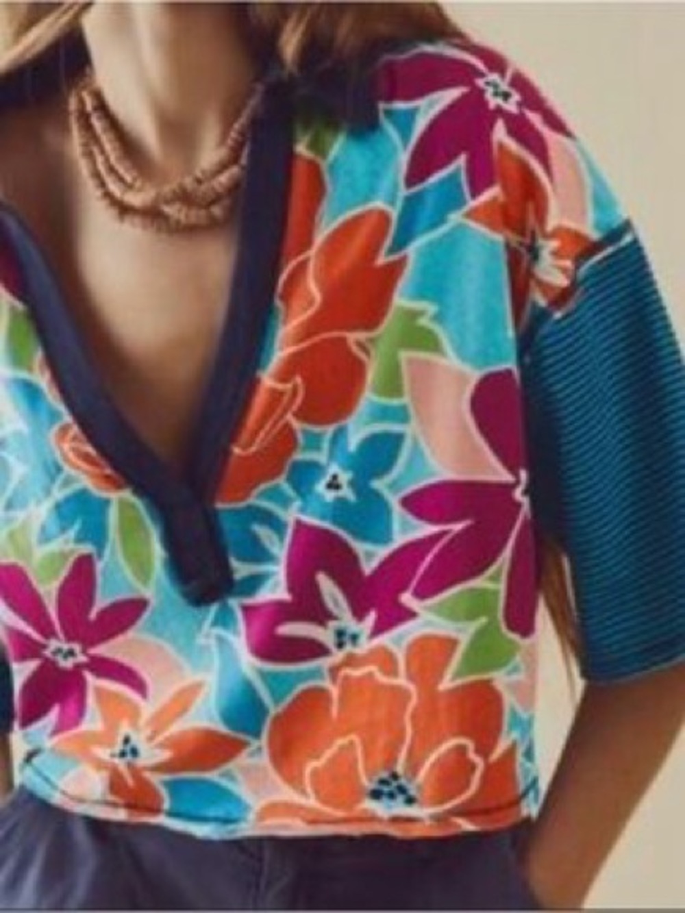Free People Multicolor Floral V-Neck Cropped Top in Turquoise & Magenta